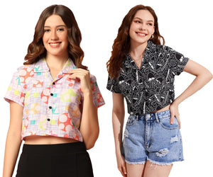 Toplot Women'S Casual Printed Crop Shirt With Half Sleeve Pack Of 2 (Combo-5059-Blk-Mlt-L),Black-Multi,,B0CFTWF2GP