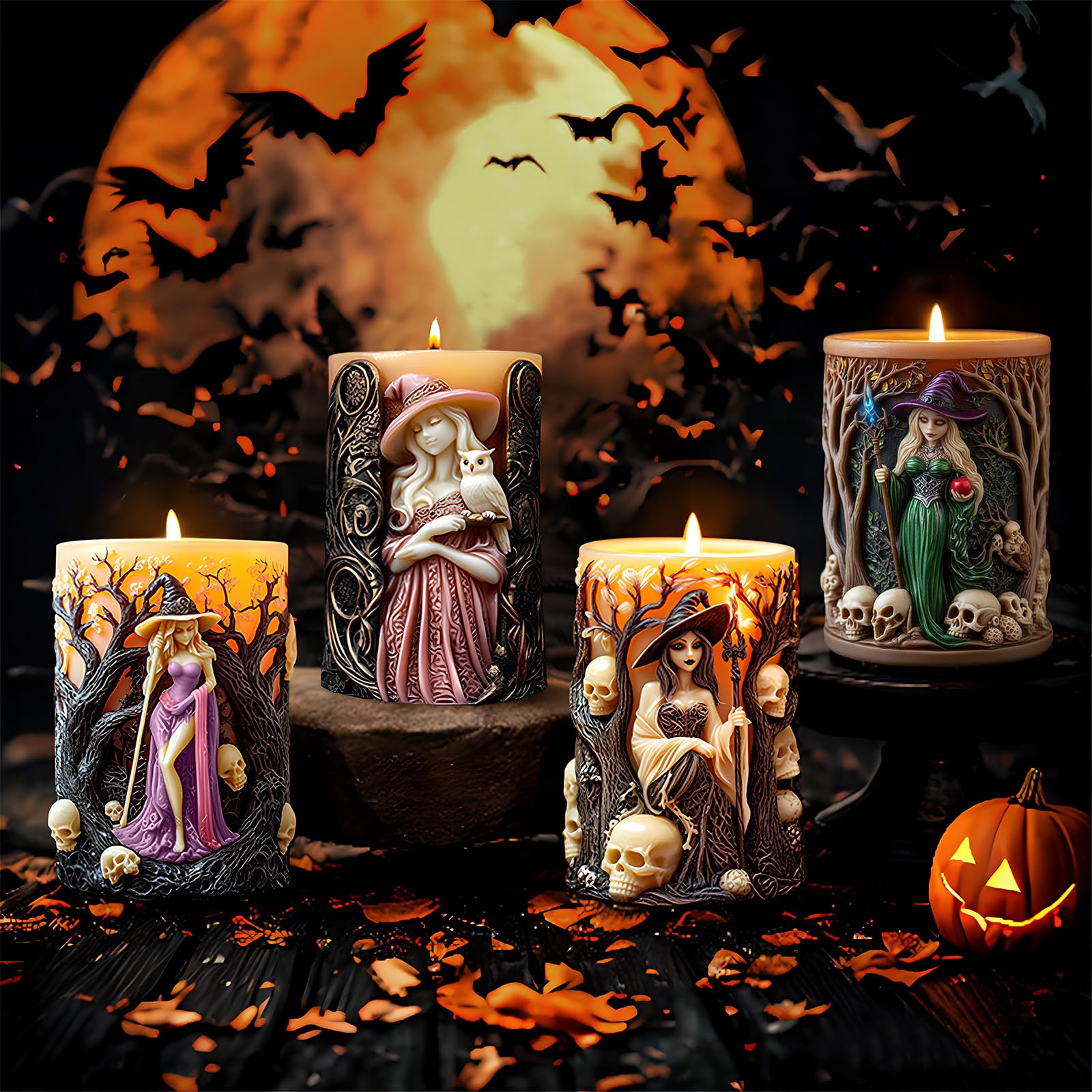 FoldTier 4 Pcs Witch Pillar Candle Molds for Candle Making, Halloween Silicone Epoxy Resin Casting Molds for DIY Aromatherapy Ca