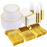 I00000 700Pcs Gold Dinnerware Set for 100 Guests, Plastic Plates for Party, Include: 100 Gold Rim Dinner Plates, 100 Gold Desser
