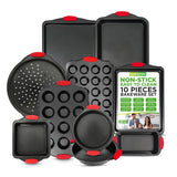 NutriChef Premium 10-Piece Bakeware Set - Flexible Nonstick Carbon Steel, Stylish Red Silicone Handles, Oven Safe Up to 450F, Di