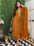 Anni Designer Women'S Rayon Blend Straight Bandhej Printed Kurta With Pant & Dupatta (Turae Mustard_M_Mustard_Medium),Mustard,M,Rayon Blend,Regular,