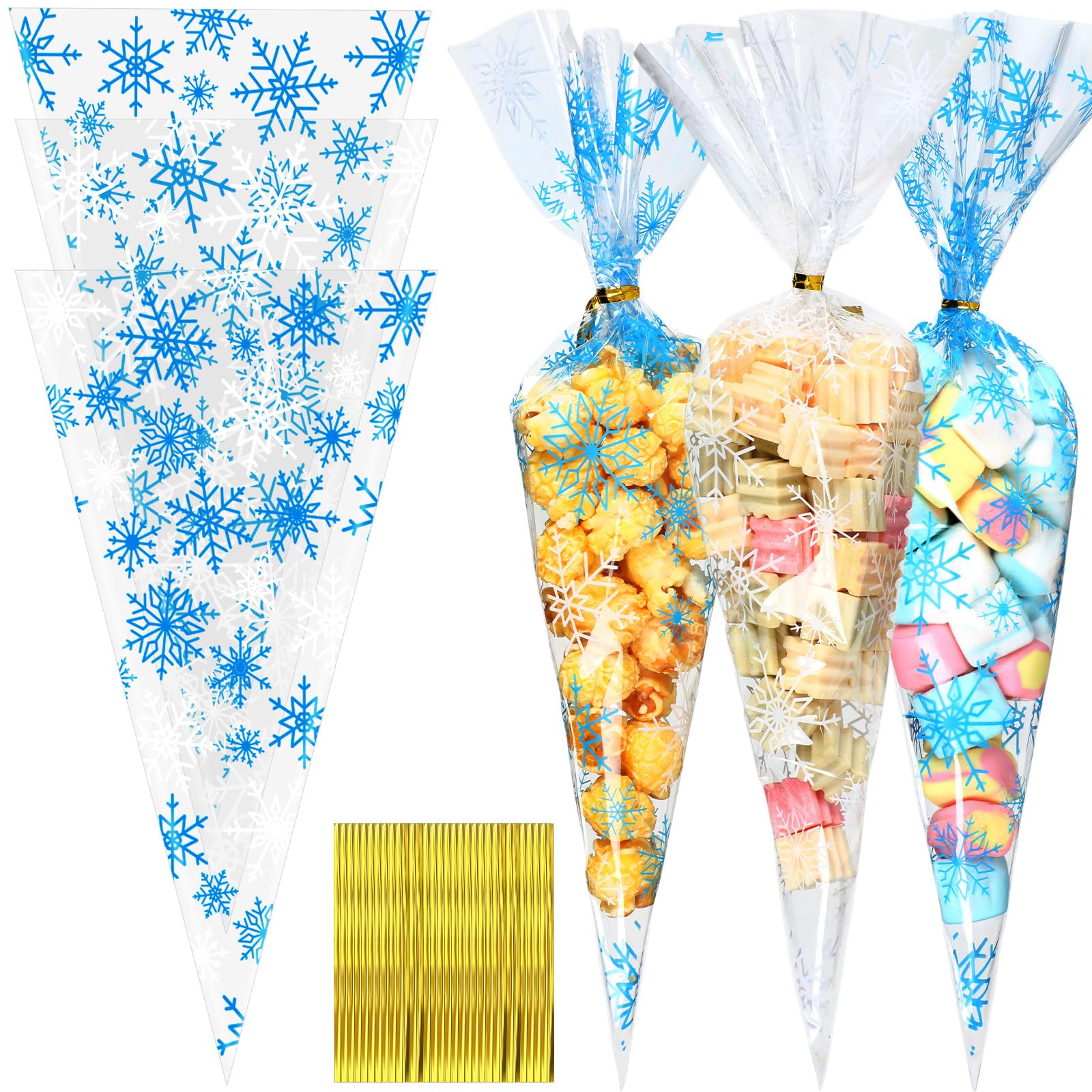 Epakh 150 Sets Snowflake Cone Shaped Cellophane Treat Bags Transparent Plastic Goodie Candy Bags with Twist Ties for Winter Gift