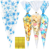 Epakh 150 Sets Snowflake Cone Shaped Cellophane Treat Bags Transparent Plastic Goodie Candy Bags with Twist Ties for Winter Gift