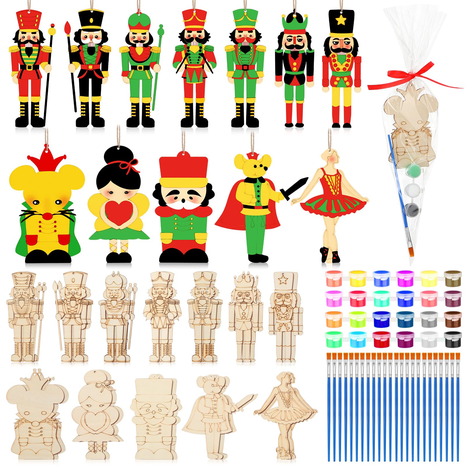 VioraWhite 24 Set Christmas Wooden Nutcracker Painting Craft Kit DIY Blank Wooden Nutcracker Cutout Xmas Ornaments Unfinished Ba