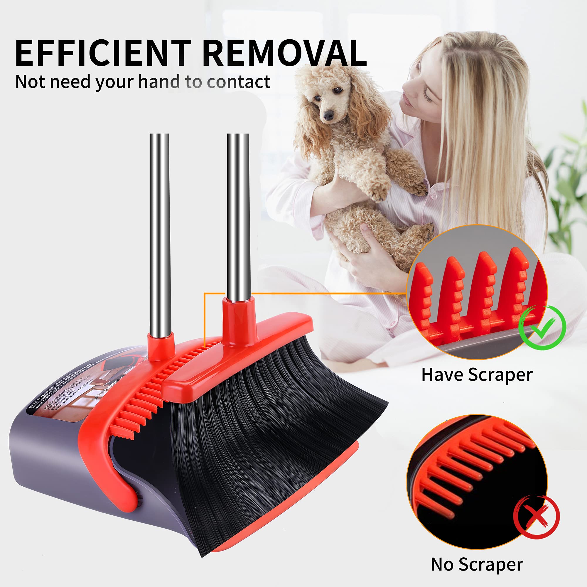 Broom with Dustpan Combo Set Broom and Dustpan Set Dust Pan with Stainless Steel Long Handle, Brooms with 5-Layer Soft Bristles,
