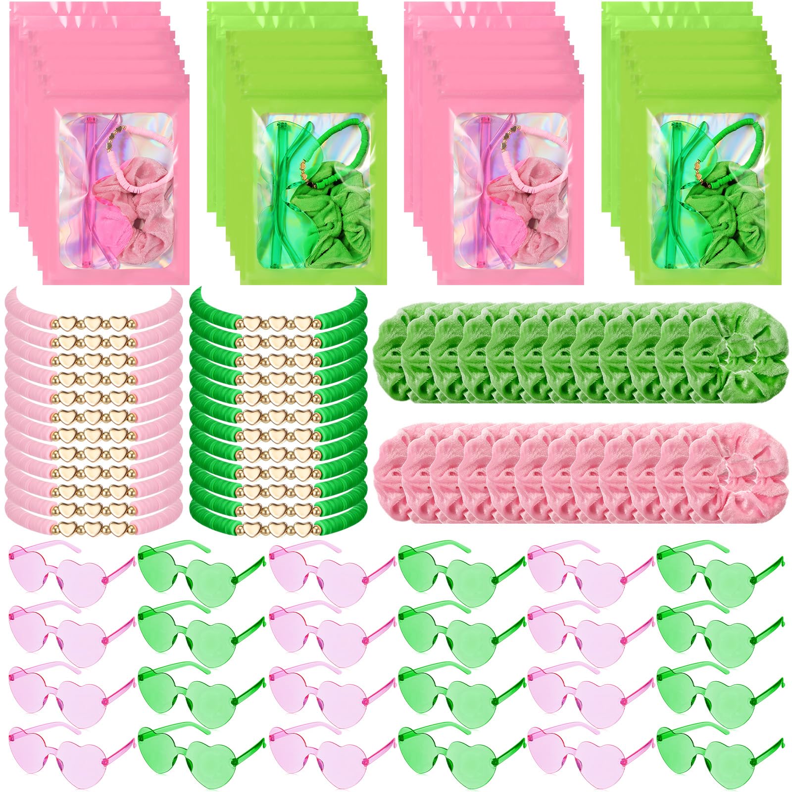 XunYee 96 Pcs Witch Theme Party Favor Supplies Pink and Green Velvet Hair Scrunchies Friendship Bracelets Sunglasses Bags 24 Set