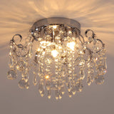 Q&S Small Crystal Chandelier Flush Mount Ceiling Light 3 Lights Modern Chrome Iron Raindrop Crystal Ceiling Fixture for Bedroom 