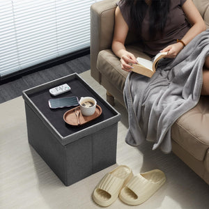AmasSmile Storage Ottoman Folding Foot Rest Stool, 17 inch Linen Footstool Bench, Short Ottoman Bench, Storage Foot Rest Store,