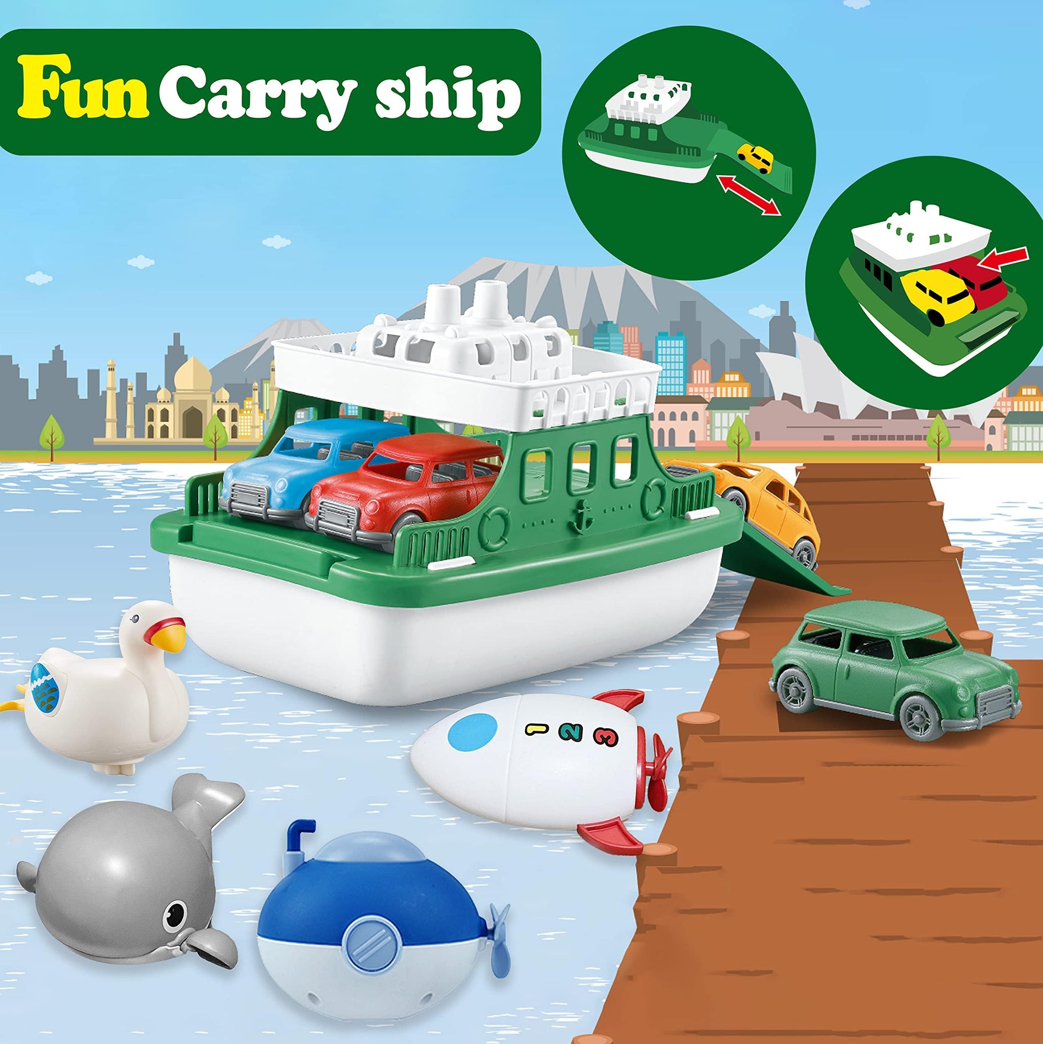 OKGIUGN Ferry Boat with 4 Car and 4 Wind Up Bath Swimming Toys, Kids Bath Toy Floating Vehicle Whales Submarines Swans Rockets,