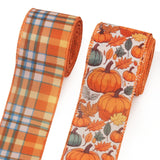 2 Rolls Fall Pumpkins Ribbons for Bows, Thanksgiving Wired Edge Burlap Ribbon Autumn Maple Leaves Plaid Ribbons for Gift Wrappin