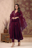 Gosriki Women'S Rayon Blend Anarkali Solid Kurta With Pant & Dupatta (Nirmooha Wine-Gs_S_Wine_Small),Wine,,B0DG2ZZ6CZ