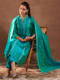 Libas Womens Woven Design Silk Blend Straight Kurta With Trousers And Dupatta Turquoise Blue Xl 49438