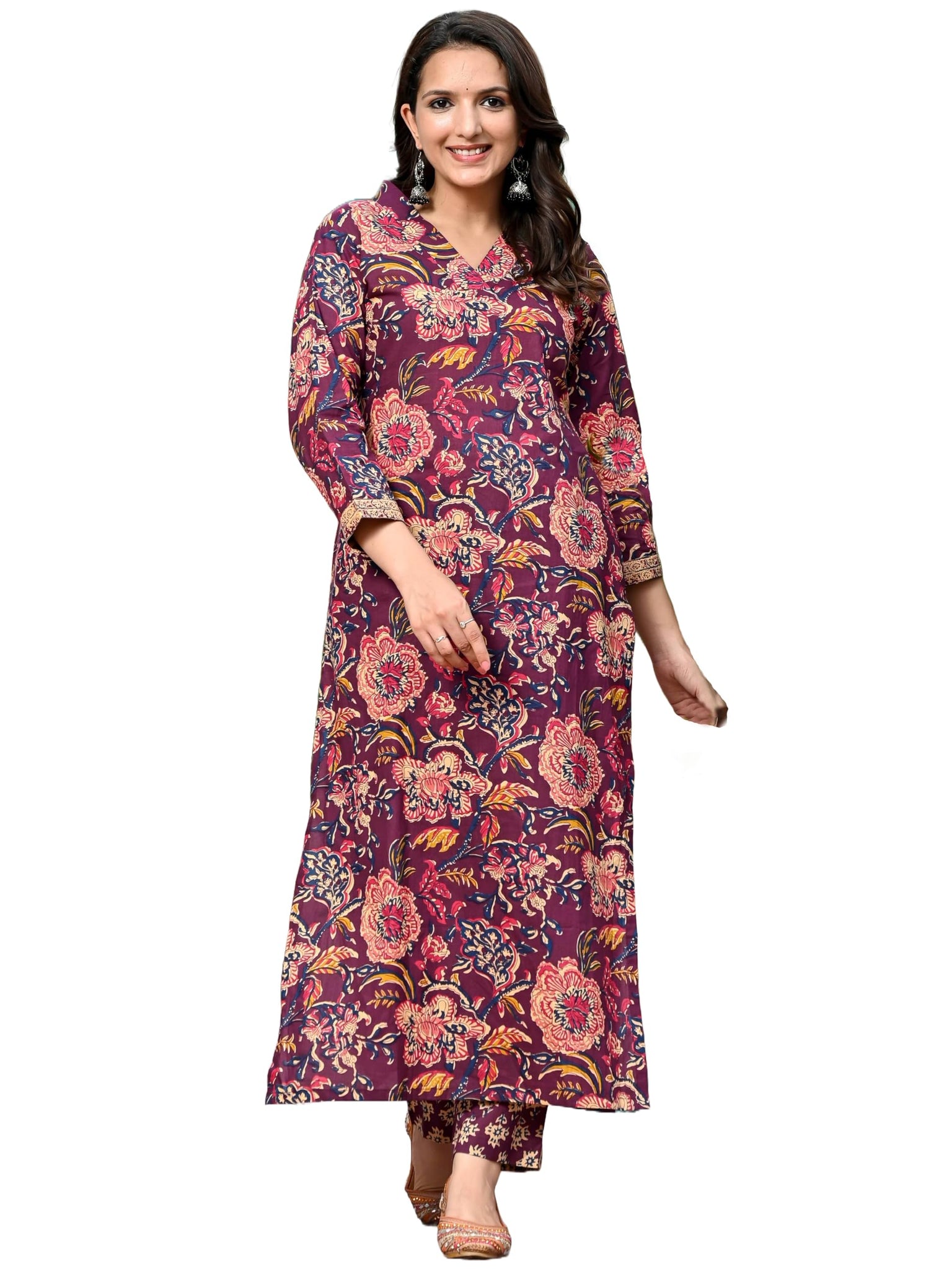 Anni Designer Women'S Cotton Blend Straight Printed Kurta With Pant (Kaisen Wine_L_Wine_Large),Wine,L
