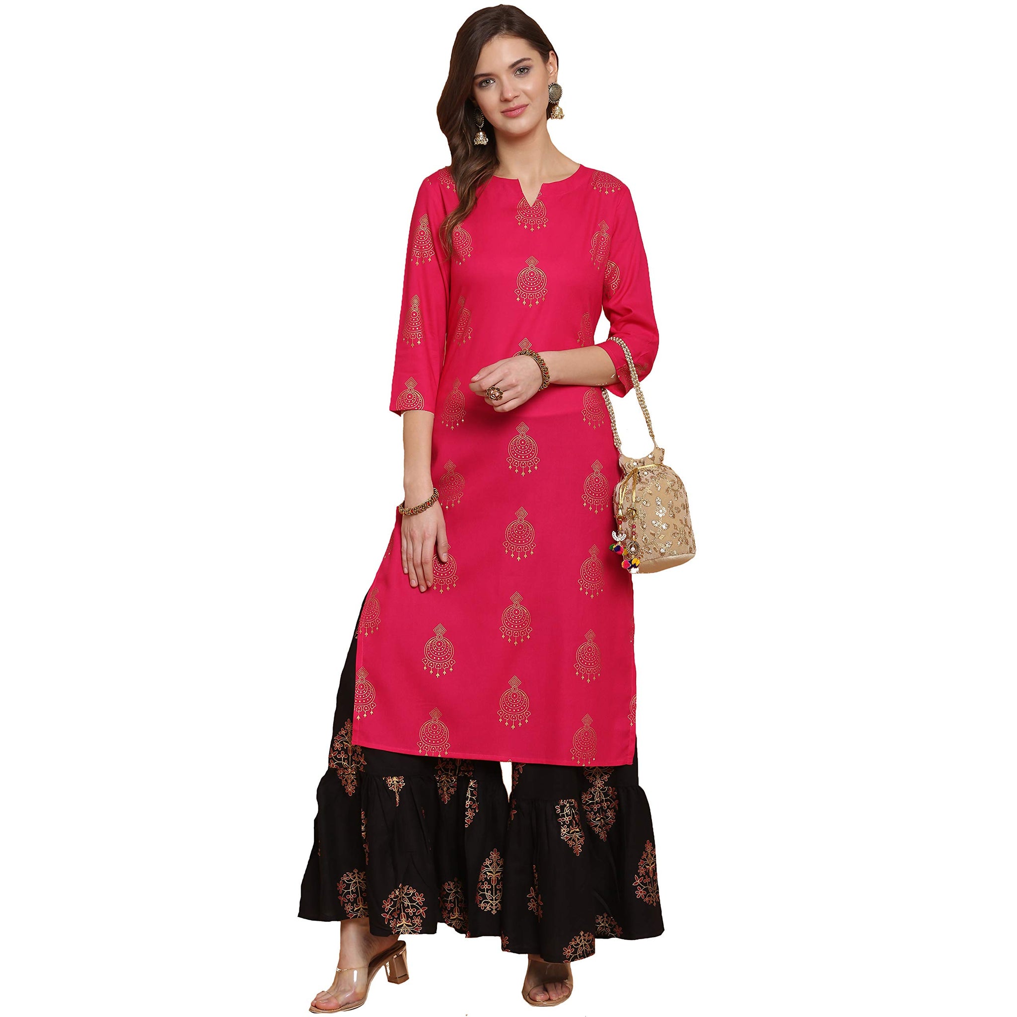 Anni Designer Women'S Rayon Straight Printed Kurta With Sharara (Pink Xl),Pink,XL