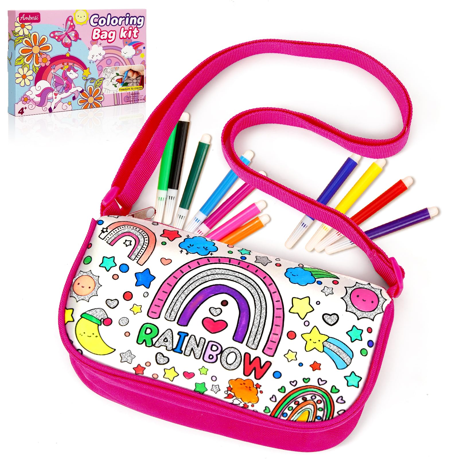 Ambesi Coloring Handbag, Color Your Own Bag, DIY Party Graffiti Bag with 12 Color Pens, Arts and Crafts Kit, Gift for Girls (Rai