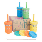 Elk and Friends Stainless Steel Cups | 10 oz Mason Jar design | Kids & Toddler Cups with Silicone Sleeves & Straws with Stopper 