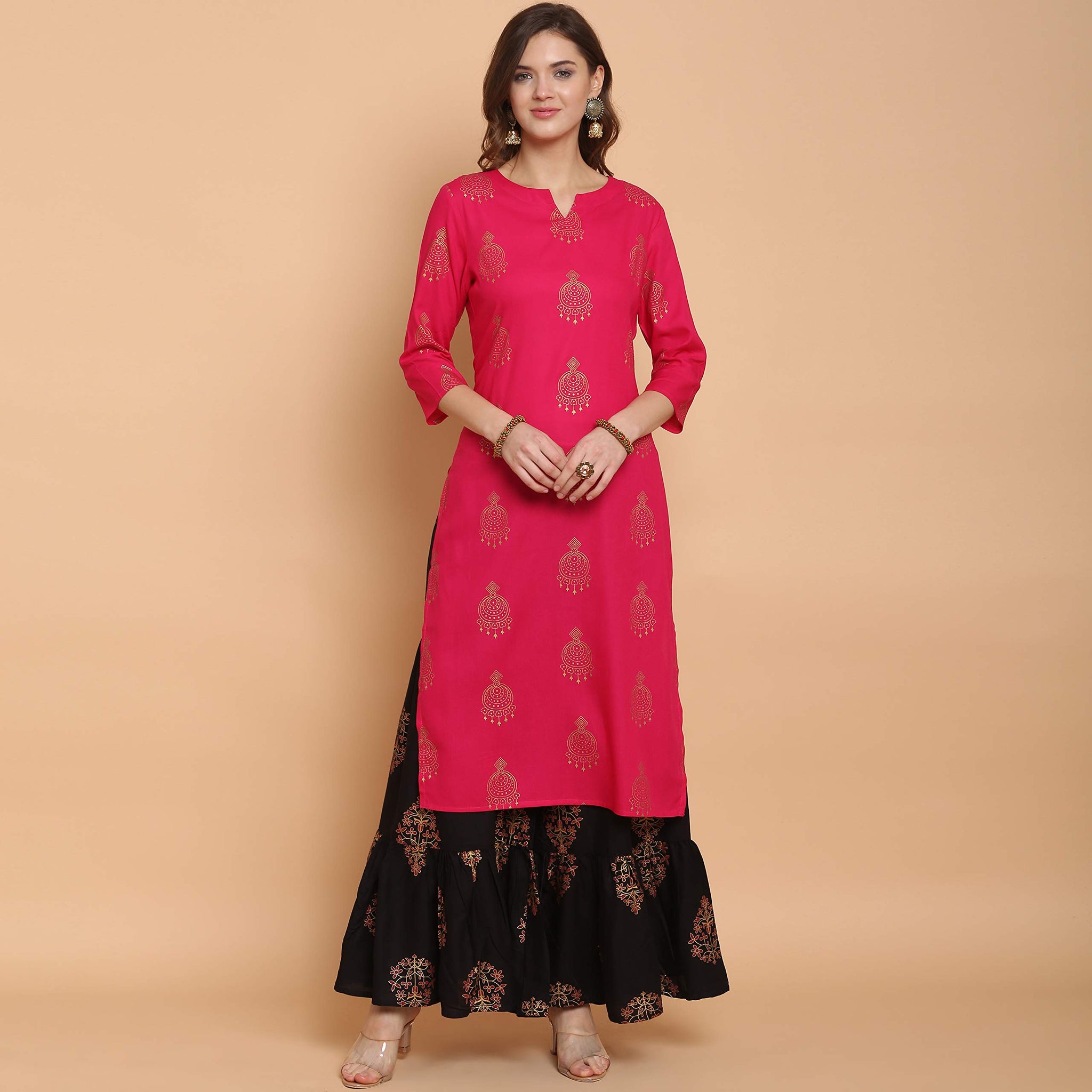 Anni Designer Women'S Rayon Straight Printed Kurta With Sharara (Pink Xl),Pink,XL,Rayon,Straight,kurta