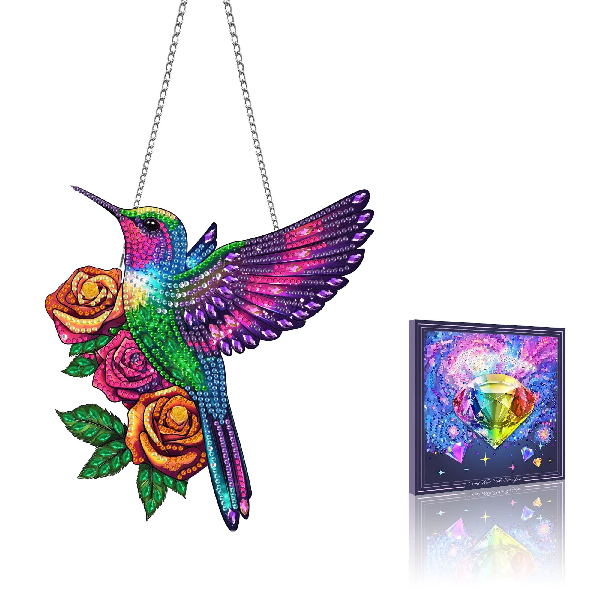 VAIIEYO Hummingbird Diamond Art Hanging Ornament, Animal Diamond Painting Suncatchers Window Hanging Kit with Chain, 7.5x7.5 inc