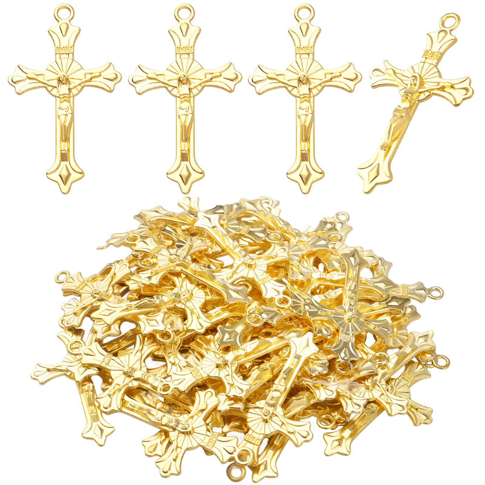 BronaGrand 50pcs Gold Plated Jesus Christ Cross Charms Pendants Alloy Crucifix Religious Crosses Pendants for DIY Crafts Necklac