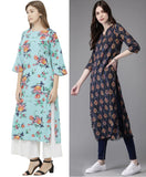 Anni Designer Women'S Crepe Straight Printed Kurta Pack Of 2 (Paga Combo_016_M_Multi & Dark Blue_Medium),Multi & Dark Blue,M,Crepe,Straight,kurta