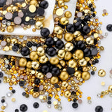 60g Gold Black Pearls Rhinestones for Crafts Mixed Size 3mm-10mm AB Color Round Half Pearls Flatback Pearl Beads and Resin Rhine