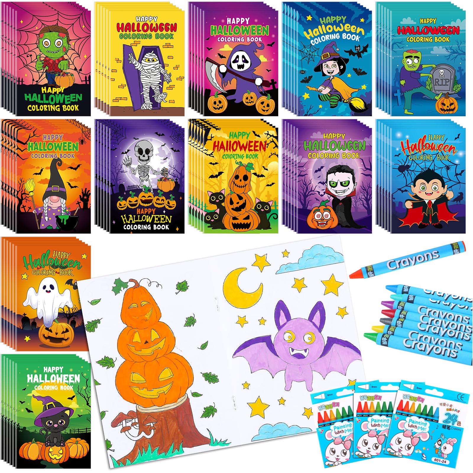 Fulmoon 144 Pcs Halloween Coloring Book Crayons Set 72 Bulk Mini Halloween Coloring Book 72 Crayon for Kid Holiday Party Favor T