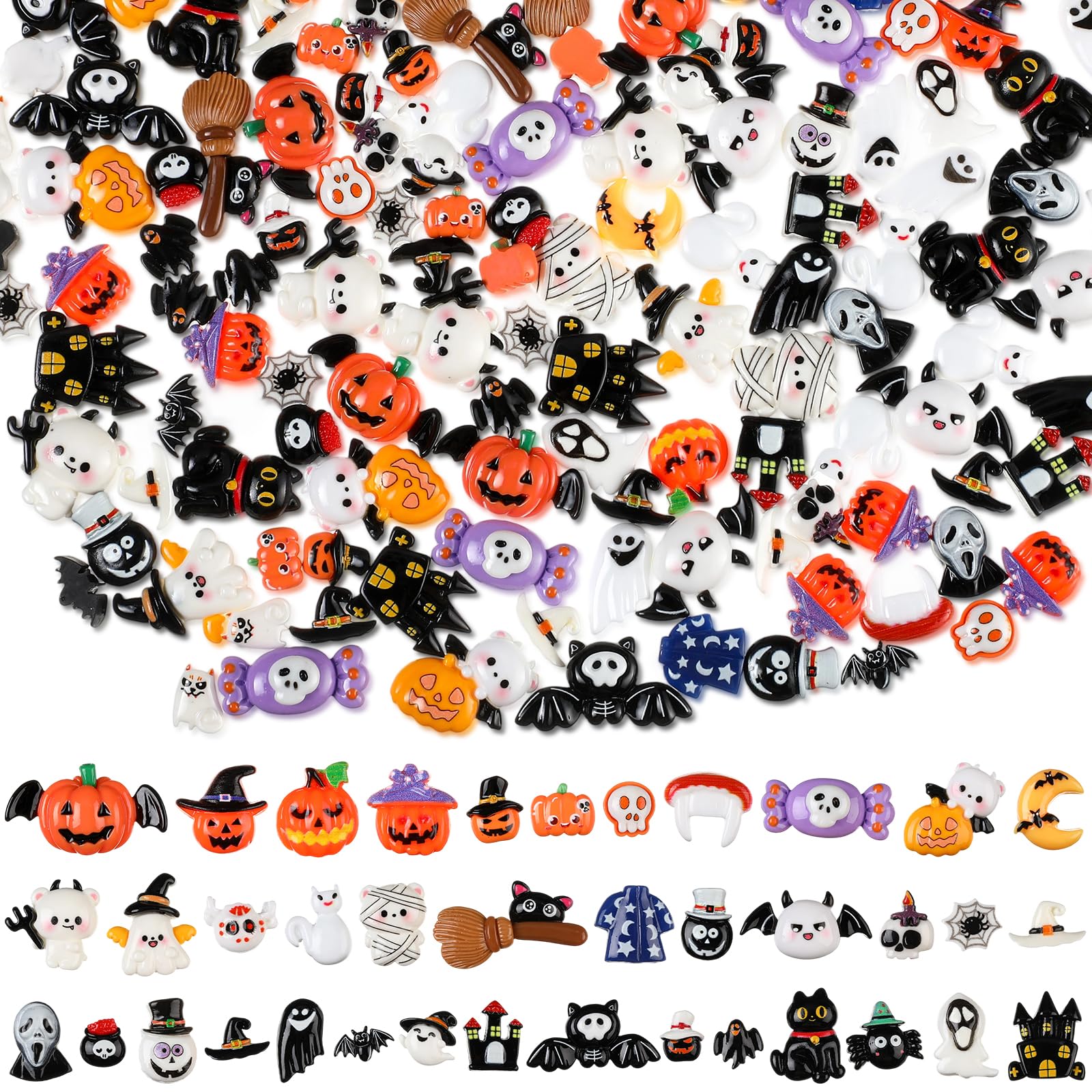 Wesiti 200 Pcs Halloween Resin Charms for Crafts Halloween Embellishments Mini Flat Resin Charms for Jewelry Making Miniatures O