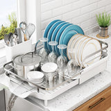 Dish Drying Rack, Expandable Dish Rack for Kitchen Counter, Stainless Steel Dish Drainer with Drainboard Set and Utensil Holder 