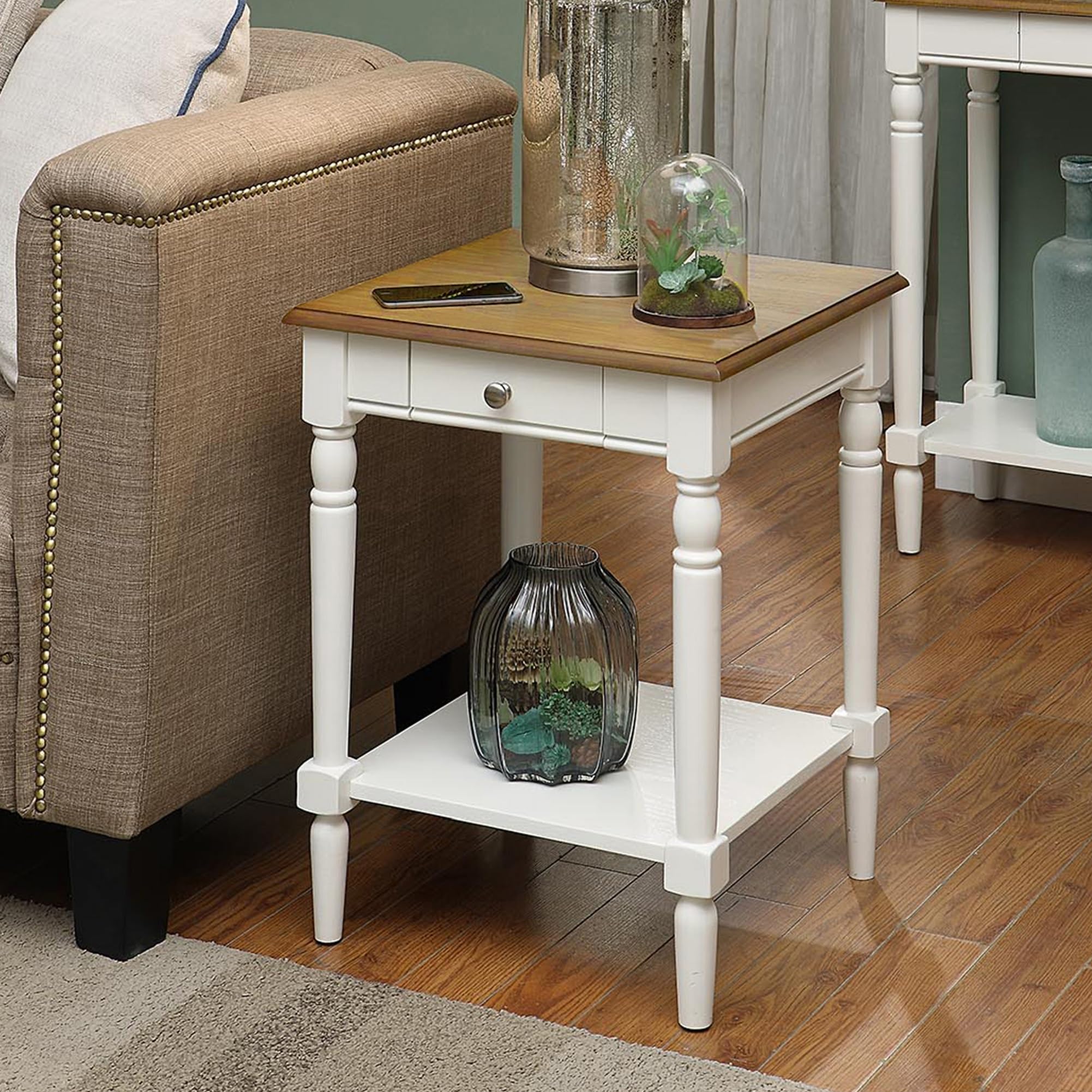 Convenience Concepts French Country End Table 18 -Traditional Farmhouse Side Table with Storage Drawer and Shelf, Living Room,