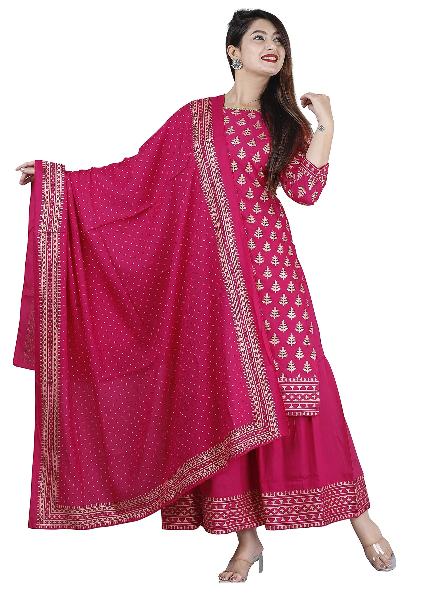 Anni Designer Women'S Rayon Foil Printed Straight Kurta With Palazzos & Dupatta (Amisha Red_L_Pink_Large),Pink,L