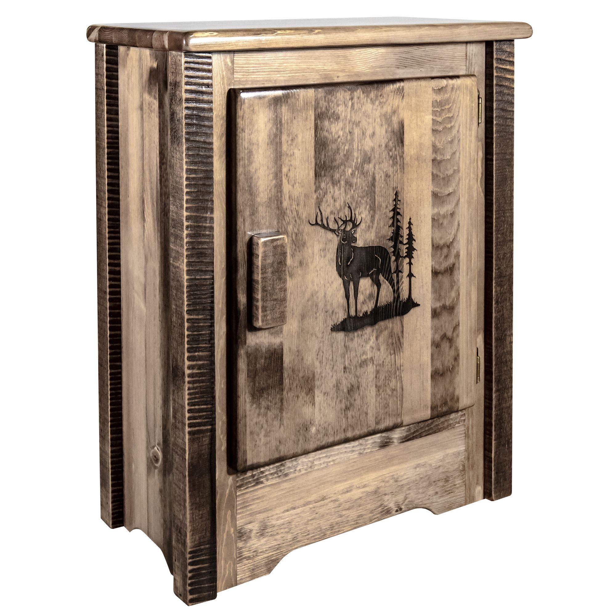 Montana Woodworks Homestead Collection Accent Cabinet With Laser Engraved Elk Design, Right Hinged, Stain & Clear, Stained & Cle