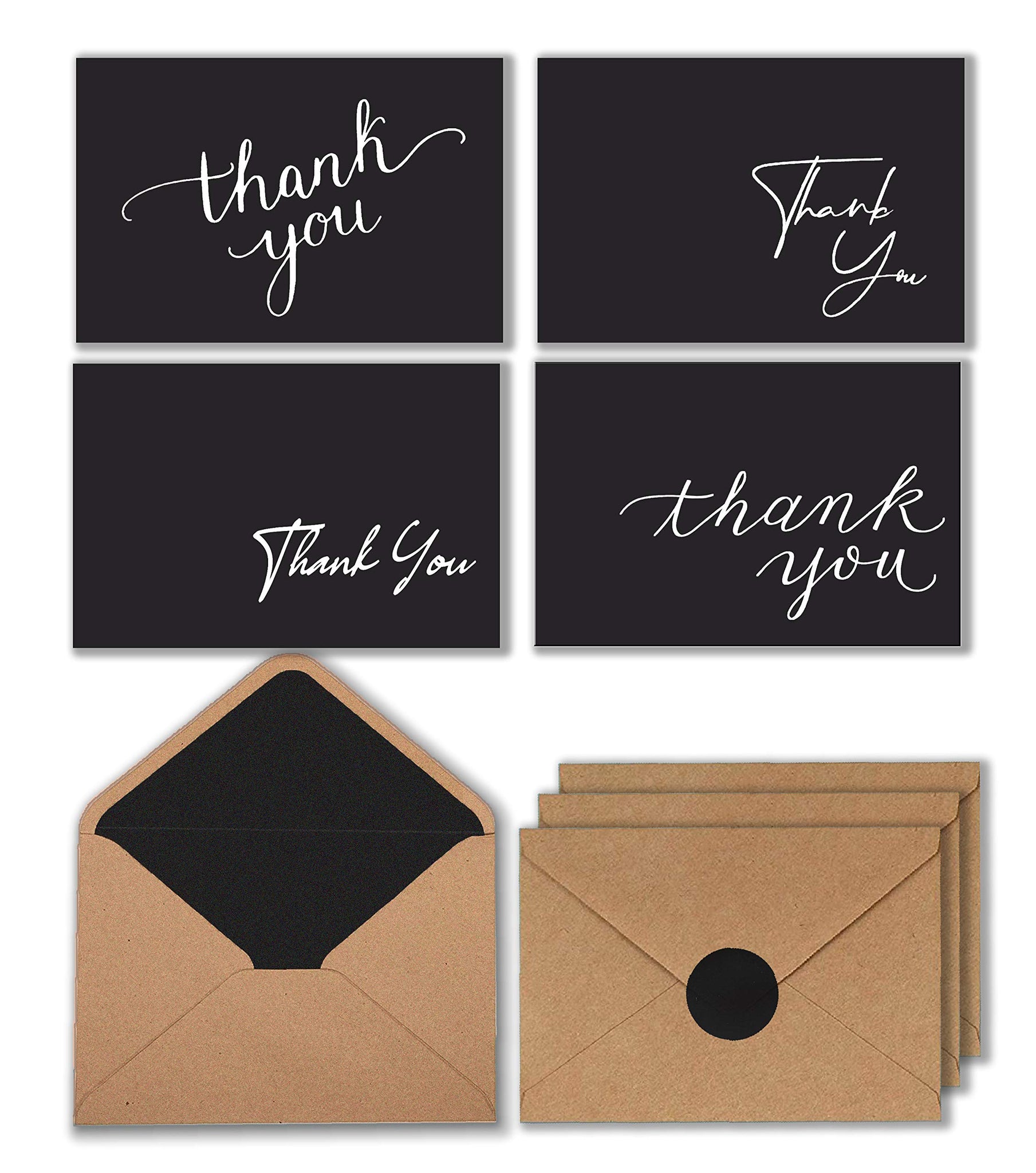 100 Black Thank You Cards with Brown Kraft Envelopes and Stickers - 4 Designs Bulk Notes for Official, Formal, Office, Graduatio
