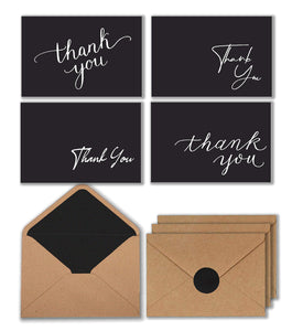 100 Black Thank You Cards with Brown Kraft Envelopes and Stickers - 4 Designs Bulk Notes for Official, Formal, Office, Graduatio