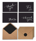 100 Black Thank You Cards with Brown Kraft Envelopes and Stickers - 4 Designs Bulk Notes for Official, Formal, Office, Graduatio
