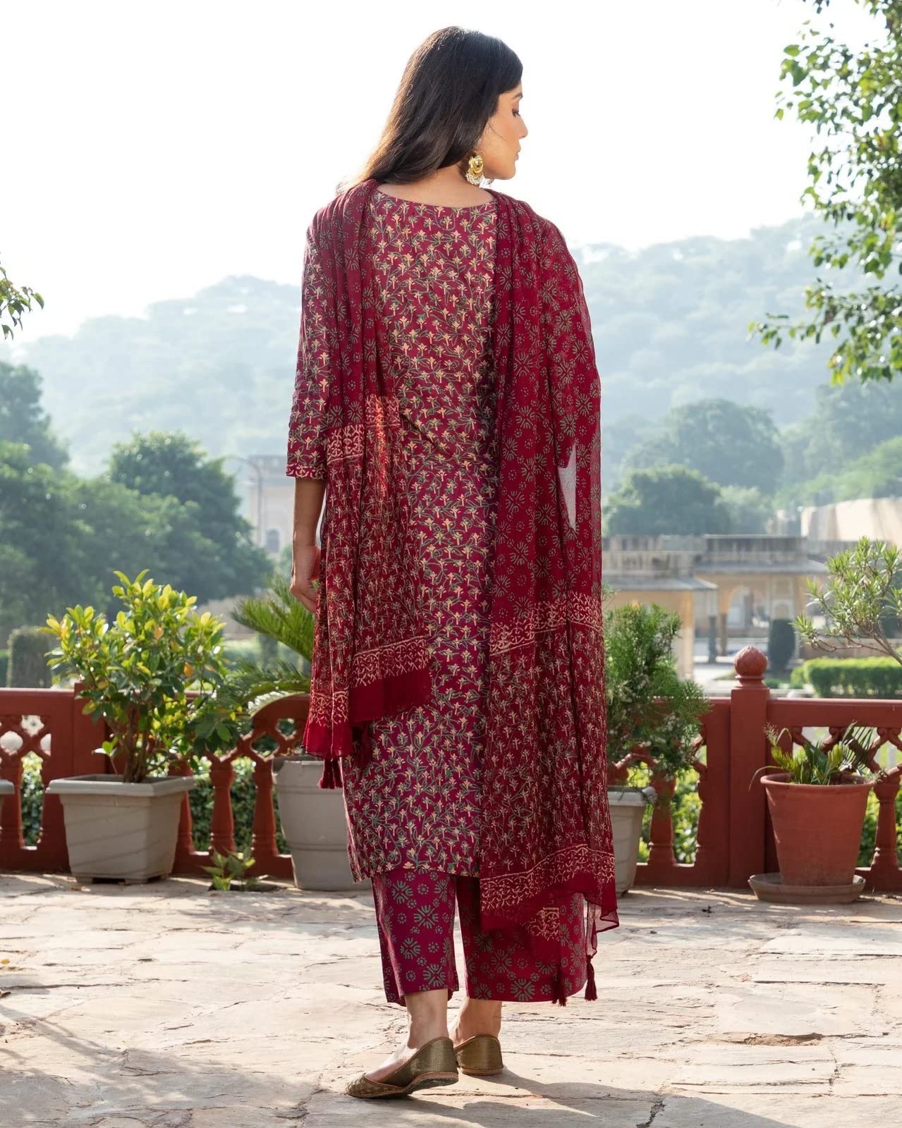 Anni Designer Women'S Cotton Blend Straight Printed Kurta With Pant & Dupatta (Bc Maroon_4Xl_Maroon_Xxxx-Large),Maroon,4XL,Cotton Blend,Regular,