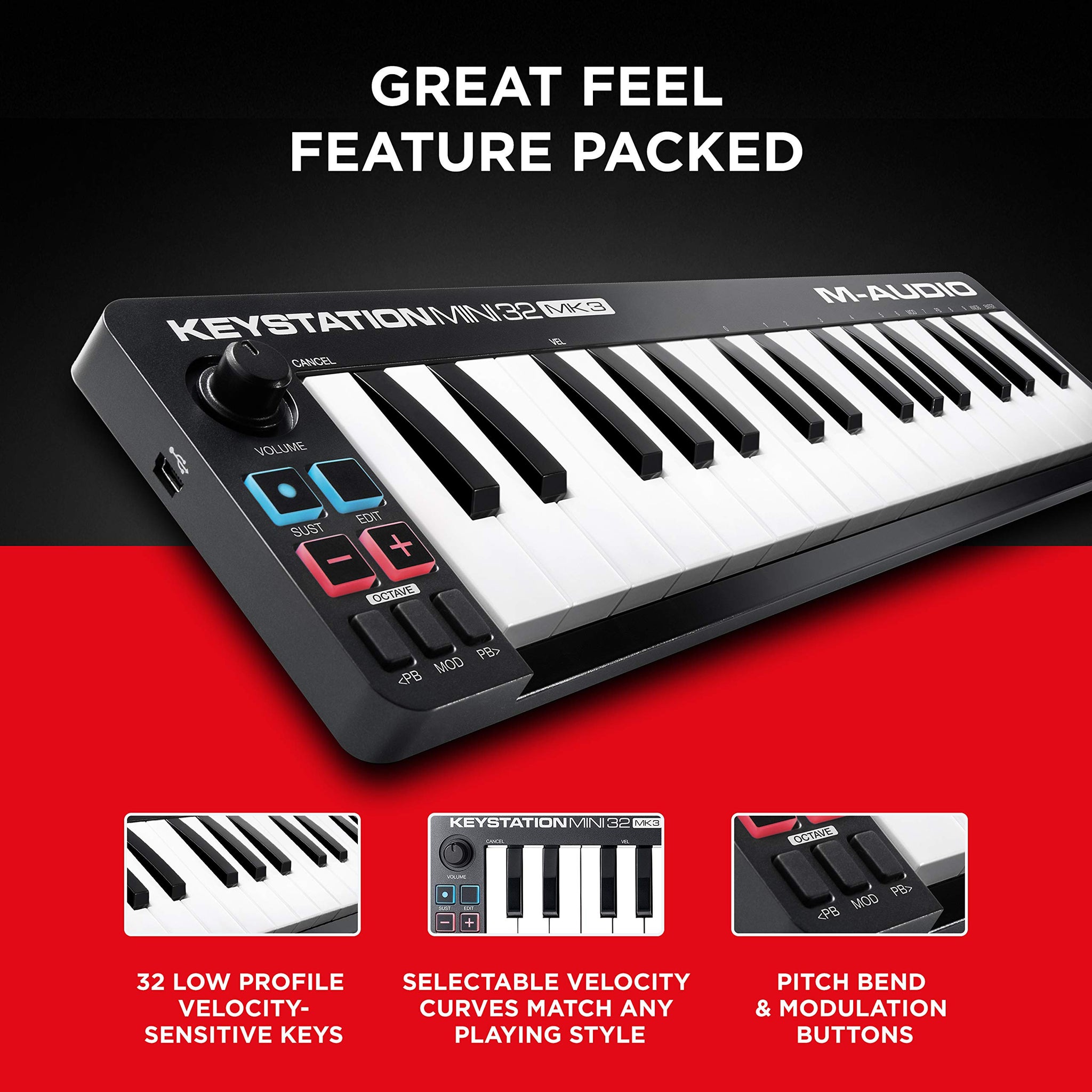 M-Audio Keystation Mini 32 MK3 - USB MIDI Keyboard Controller with 32 Velocity Sensitive Mini Keys and Recording Software Includ