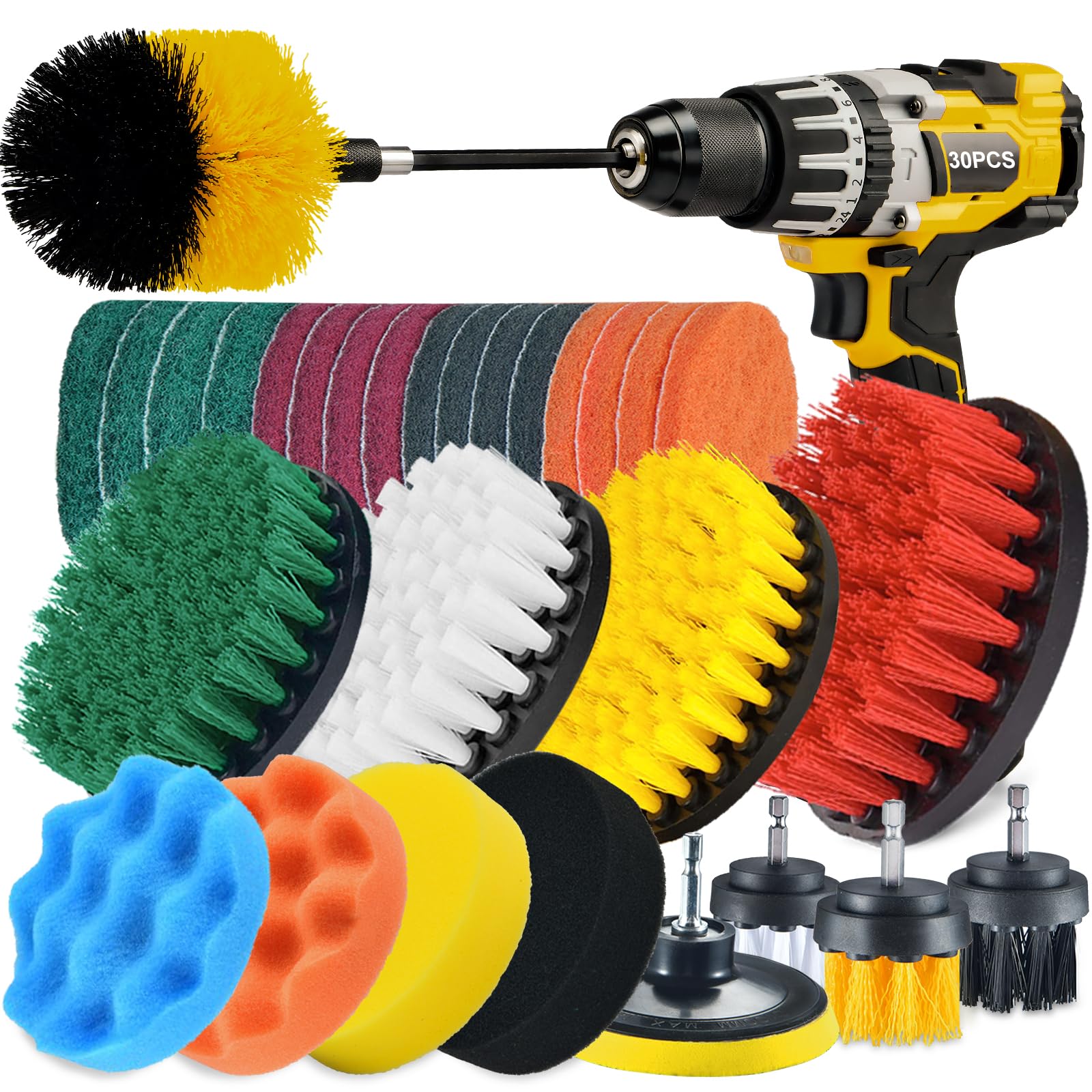 Shieldpro 30 Piece Drill Brush Attachment Set, All Purpose Power Clean Scrubber Brush, Scrub Pads & Sponge With Extend Long Atta