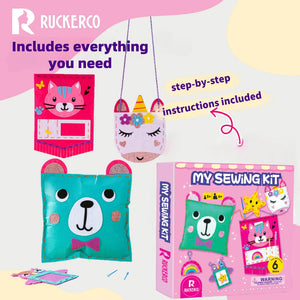 My First Sewing Kit for Beginners Kids Children's Arts and Crafts, 6 Easy DIY Projects of Stuffed Animals and Pillows Craft for