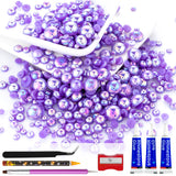 60g Violet AB Flatback Half Round Pearls Mixed Size 3-10mm Resin Craft Beads for Nail Art, Face Gems, DIY Jewelry Making