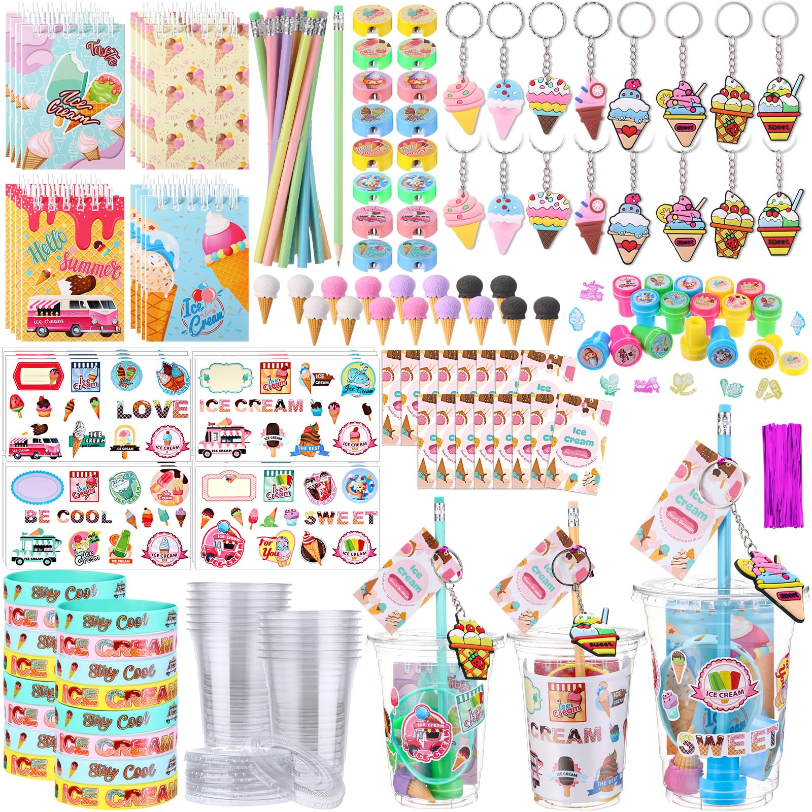 Colarr 161 Pcs Operation Christmas Ice Cream Party Favors Stationery Set Includes Cup Notebook Pencil Sharpener Eraser Keychain 