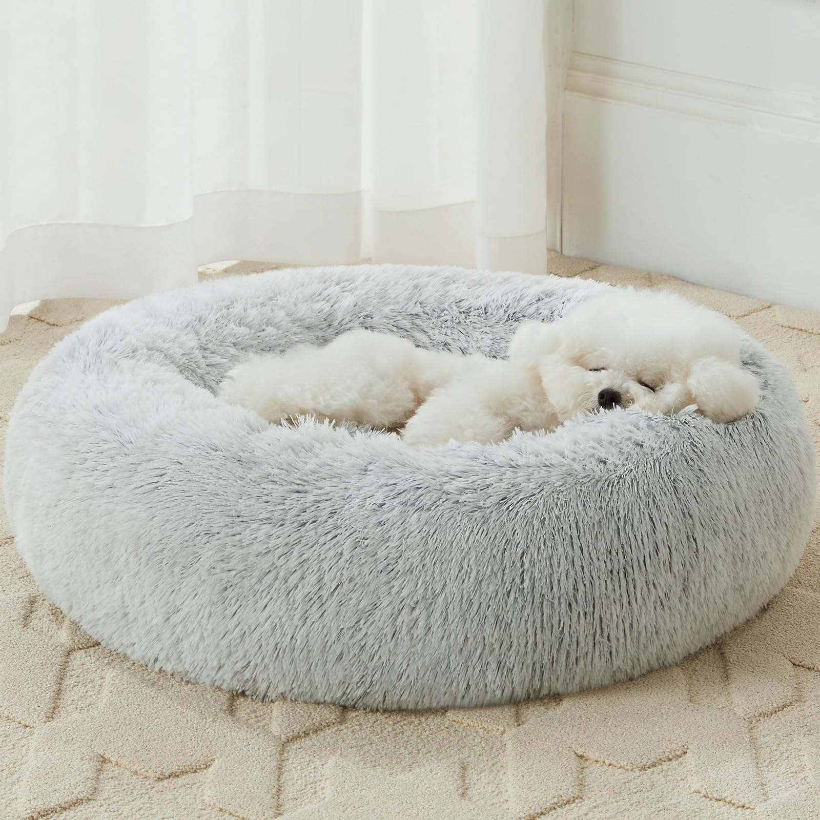 WNPETHOME Calming Dog Bed Cat Bed Donut, Faux Fur Pet Bed Self-Warming Donut Cuddler, Comfortable Round Plush Dog Beds (27 x 27 