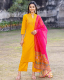 Anni Designer Women'S Cotton Blend Straight Printed Kurta With Pant & Dupatta (Devanshi-Yellow_L_Yellow_Large),Yellow,L,Cotton Blend,Regular,Dupatta