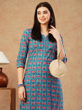 Anni Designer Women'S Cotton Blend Straight Printed Kurta With Pant (Aagmi Blue_M_Blue_Medium),Blue,M,,,