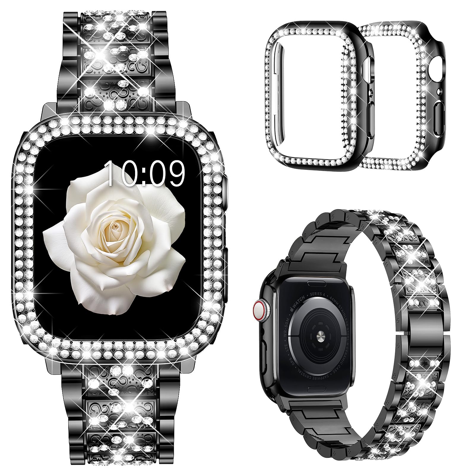Mosonio Compatible with Apple Watch Band 42mm with Case Women, Jewelry Replacement Metal Wristband Strap with 2 Pack Bling PC Pr