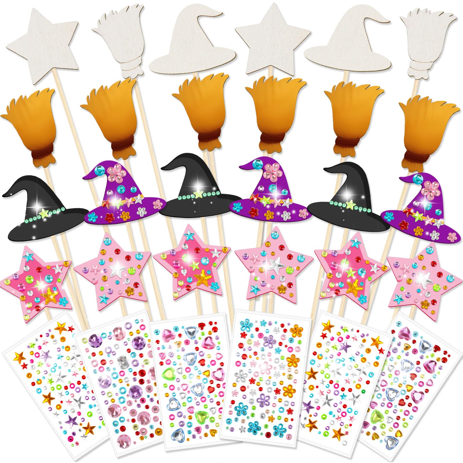 Juexica 24 Pcs Halloween Fairy Wands Kit Including 24 Unfinished Wood Pumpkin Wands and 6 Sheets Gem Stickers for Witch and Prin