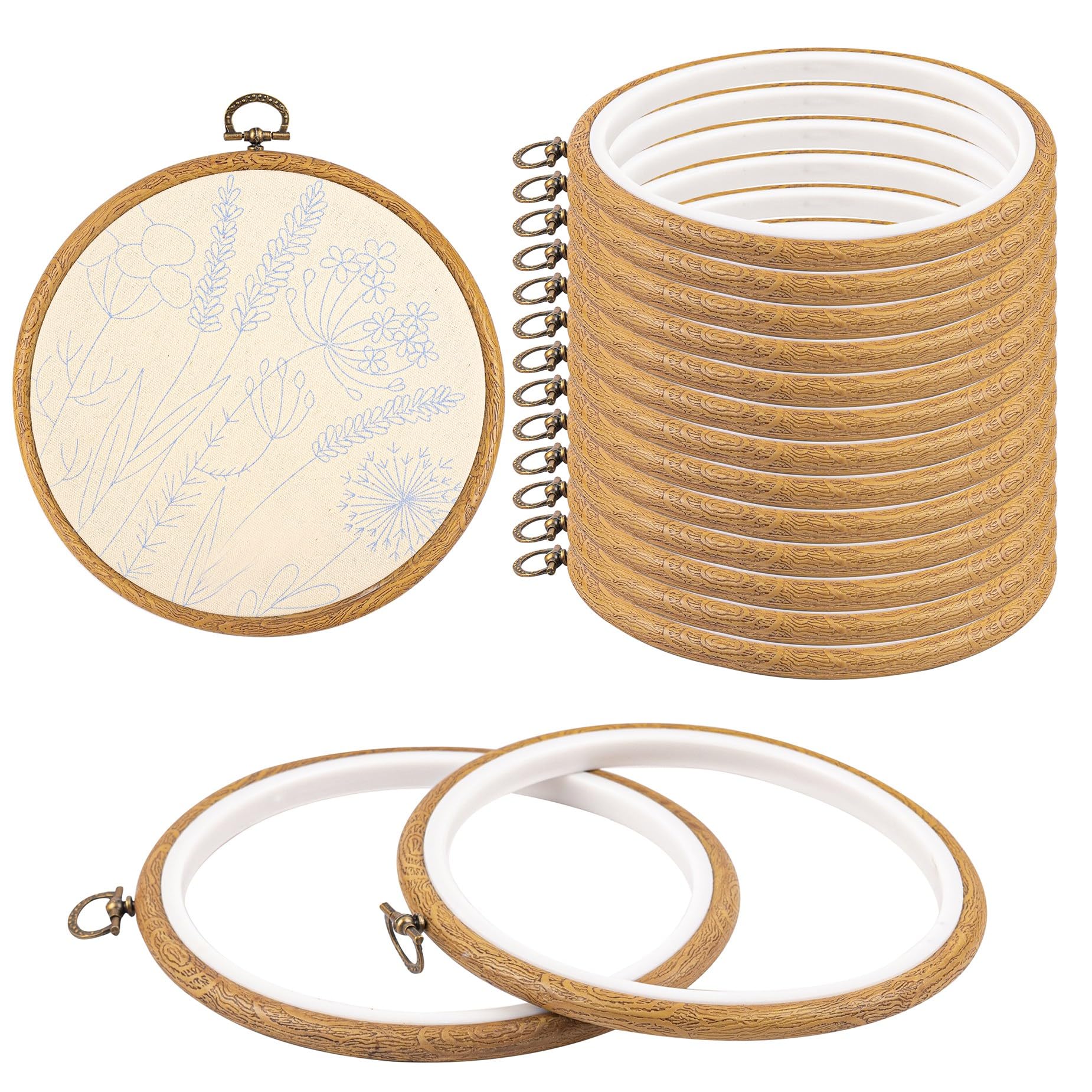 Framendino, 15 Pack Round Embroidery Hoops 6 Inch Imitated Wood Display Frame Circle Cross Stitch Hoop Ring for Hanging Ornament