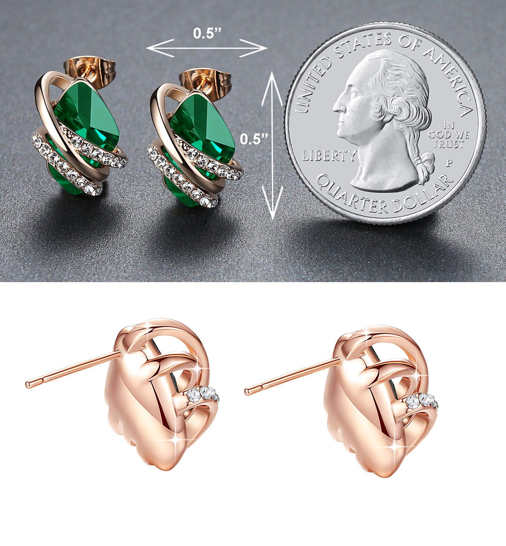 Leafael Wish Stone Stud Earrings with Emerald Green Birthstone Crystal, 18K Rose Gold Plated