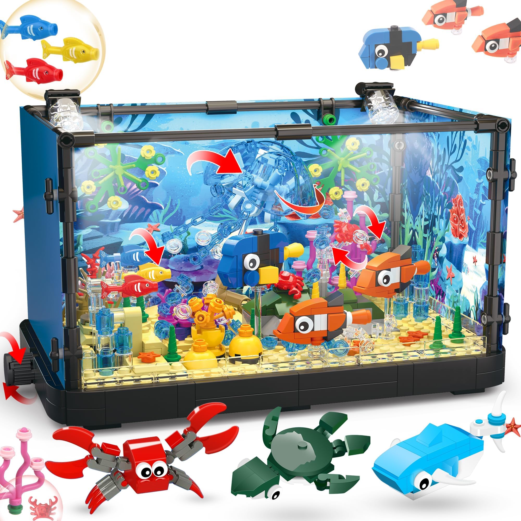 Jorumo Fish Tank Building Block, Lighting Aquarium Compatible with Lego Sets for Adults and Kids Including Ocean Jellyfish, Dolp
