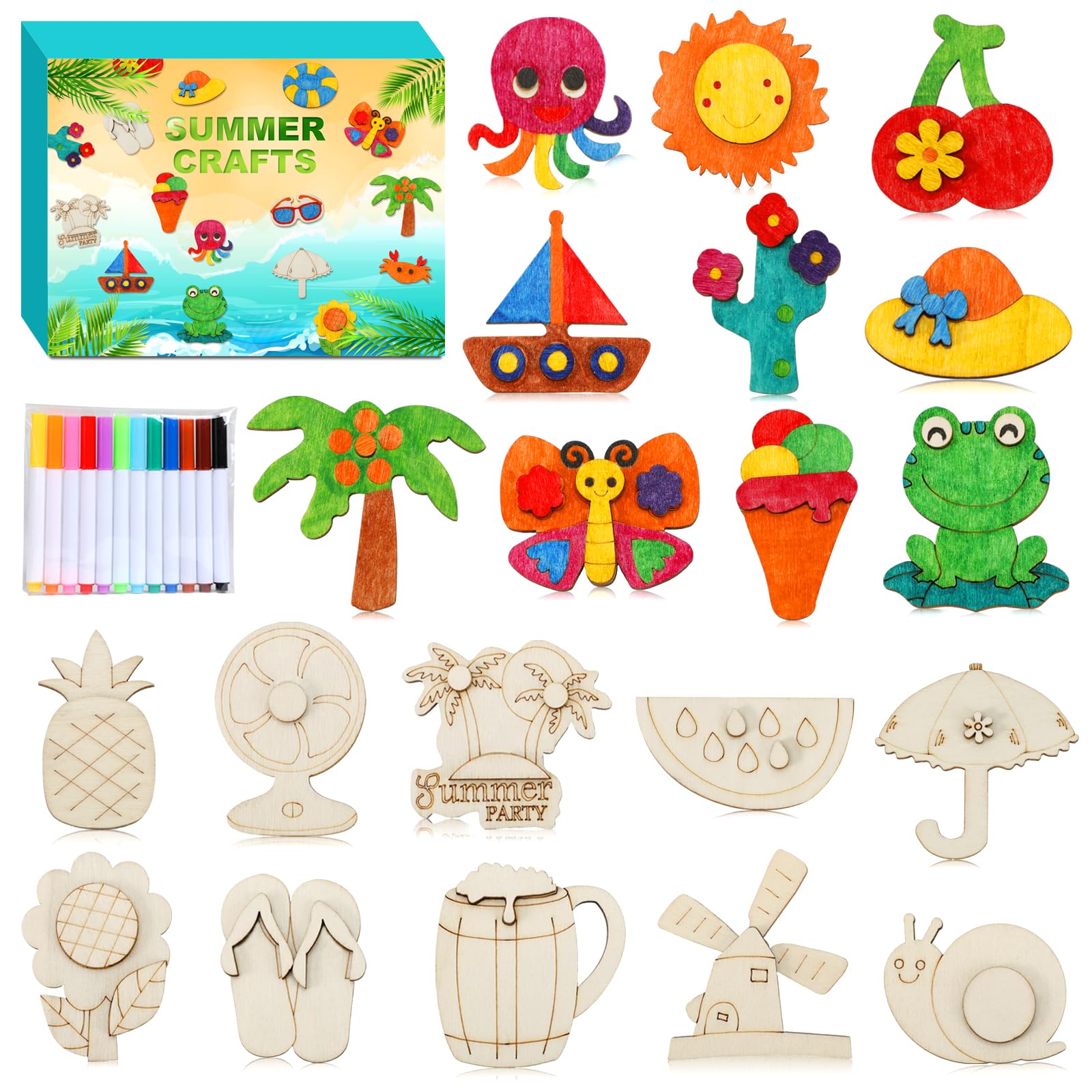 Worgree Summer Crafts for Kids, 36 Pcs DIY Wooden Magnets Art Craft Supplies Painting Kit for Boys Girls Ages 4-8 8-12 Birthday 