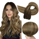 Full Shine Remy Human Hair Weft Sew In Extensions, 24 Inch 105G Dark Brown To Honey Blonde Balayage, Invisible Machine Tied Huma
